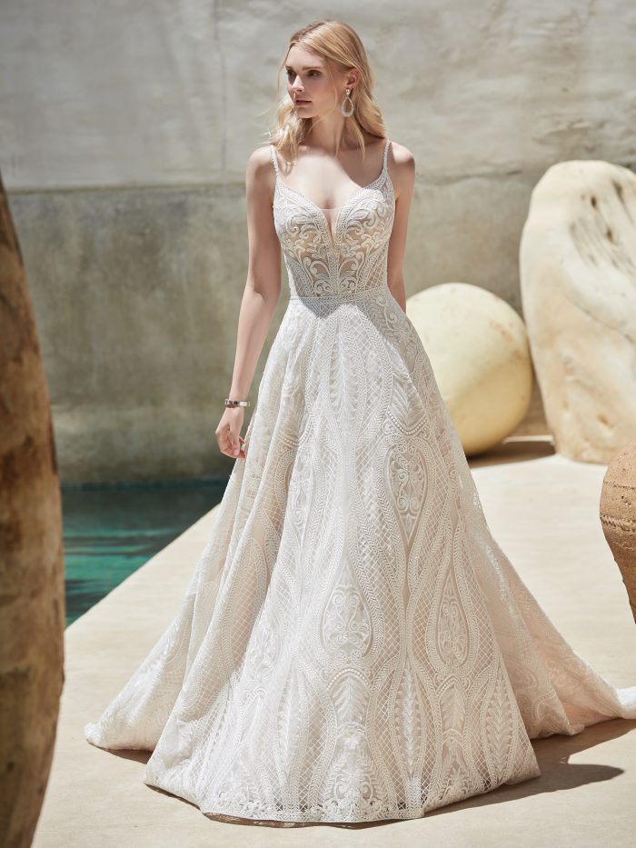 Model Wearing Nude Wedding Dress Called Roxanne by Sottero and Midgley