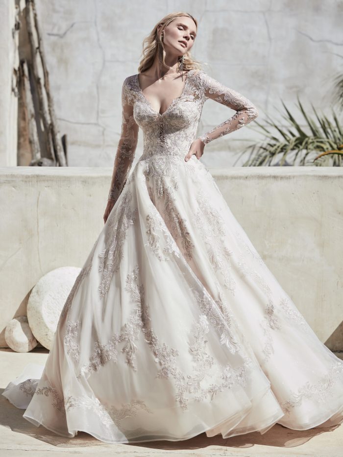 Model Wearing Colored Wedding Dress with Pewter Accents Called Vincent by Sottero and Midgley