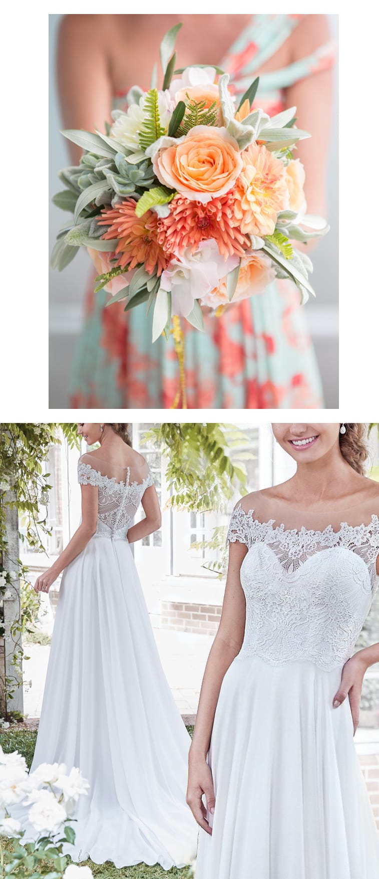 9 Bouquets For Your Boho Wedding Gown - Flirty chiffon wedding dress for boho wedding Beatrice by Rebecca Ingram. Paired with peach and coral bouquet. Photo: Amanda Thomas Photography | Bouquet/Florist: Blush