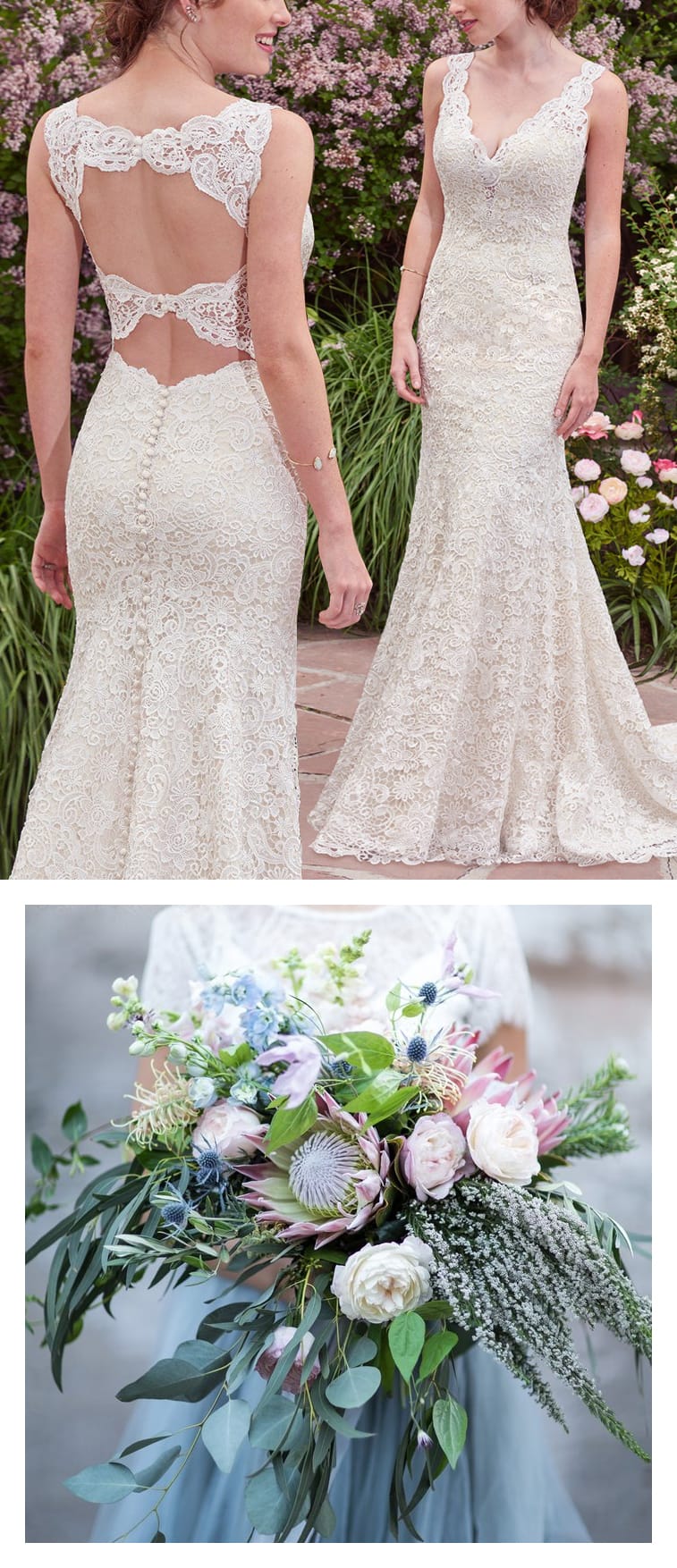 9 Boho Bouquets For Your Eclectic Wedding Gown - Lace boho wedding dress with double keyhole back Hope by Rebecca Ingram. Photo: Tyler Rye Photography | Bouquet: By Bloomers
