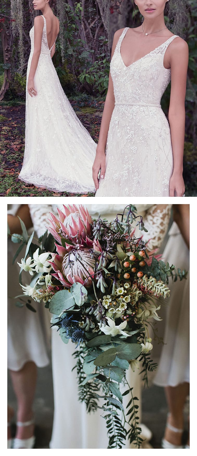 9 Boho Bouquets For Your Eclectic Wedding Gown - Lovely Jorie wedding dress by Maggie Sottero paired with a unique cascade bouquet full of succelents. Photo: It's Beautiful Here | Bouquet: Loose Leaf 