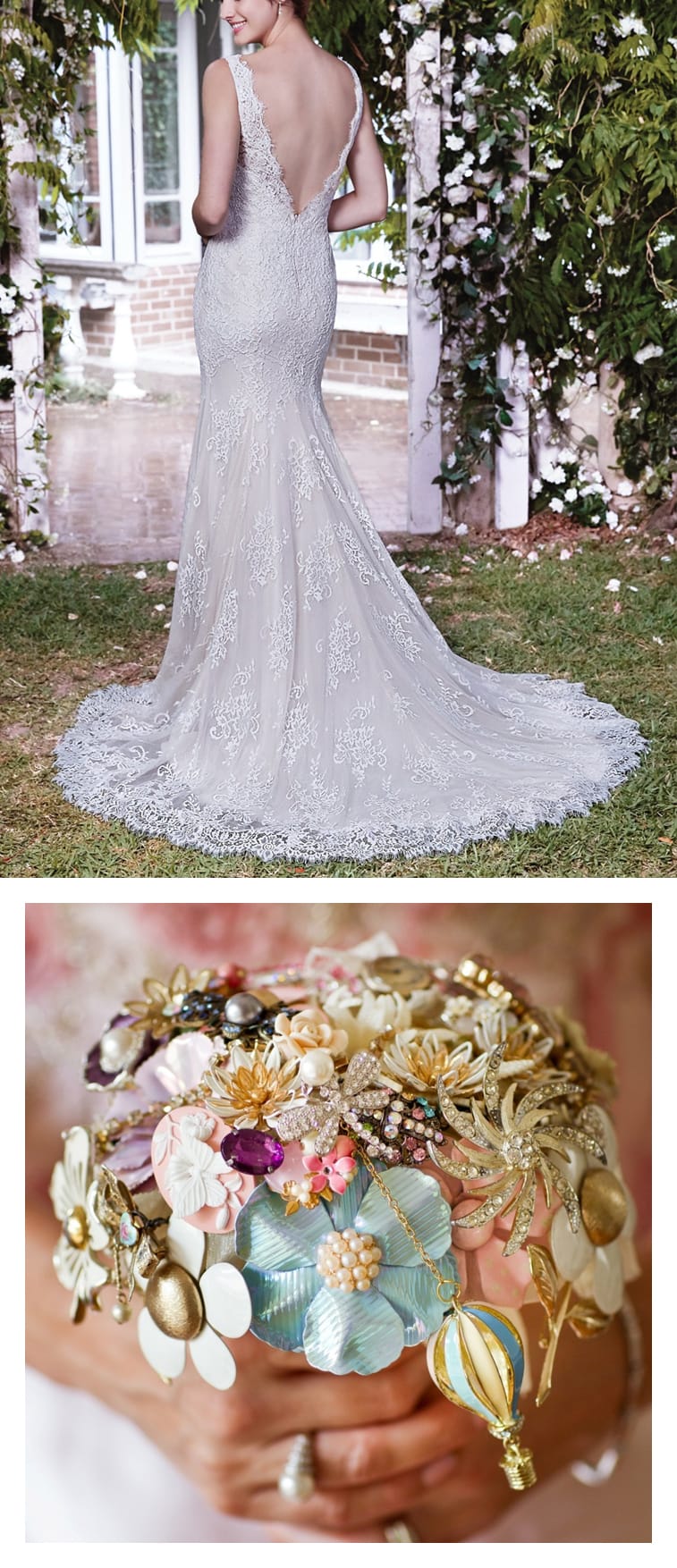 9 Bouquets For Your Boho Wedding Gown - Boho lace wedding dress with long train Lauren by Rebecca Ingram paired with a brooch bouquet.