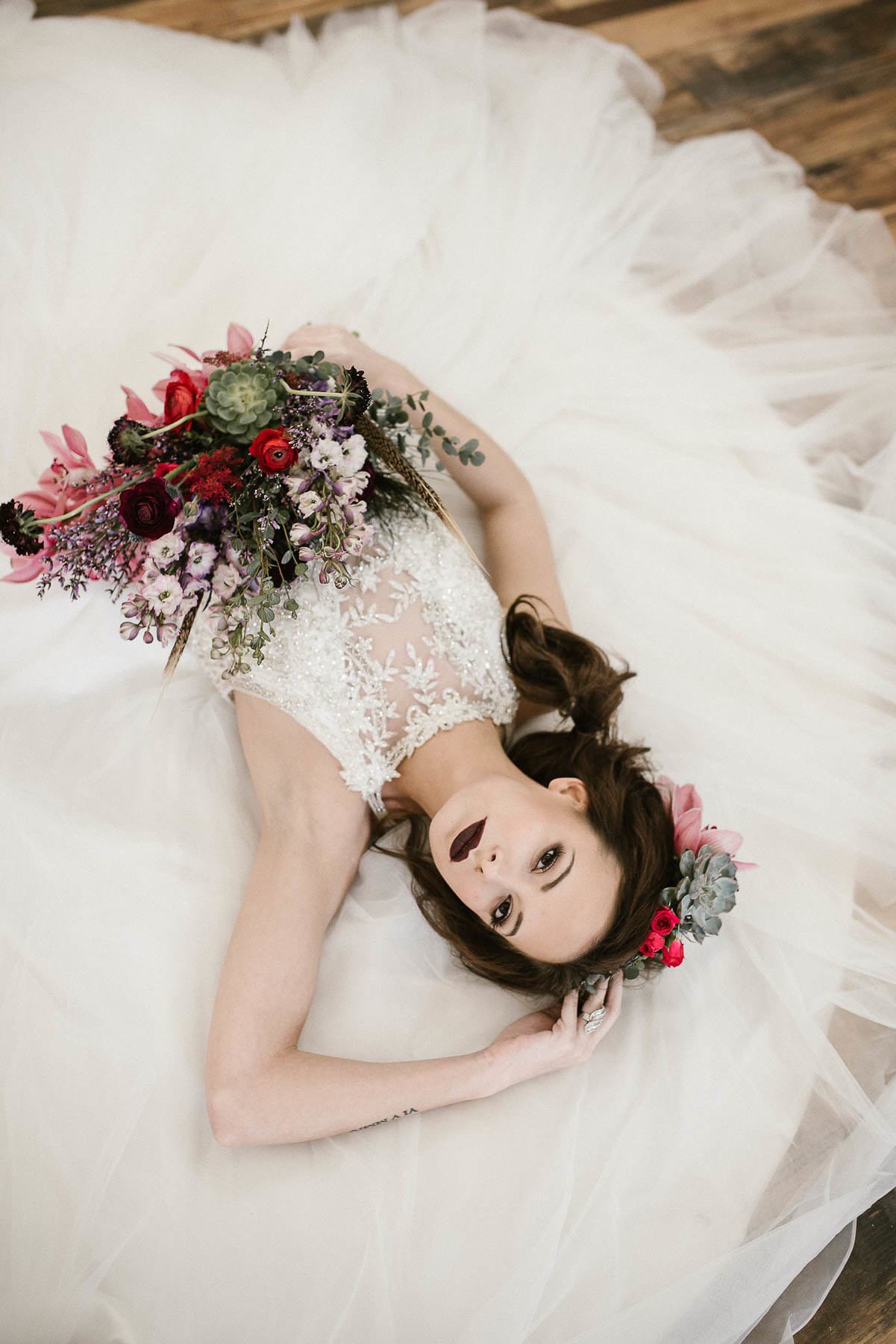 Princess Wedding Dress in Moody Styled Shoot With Jewel-toned Florals