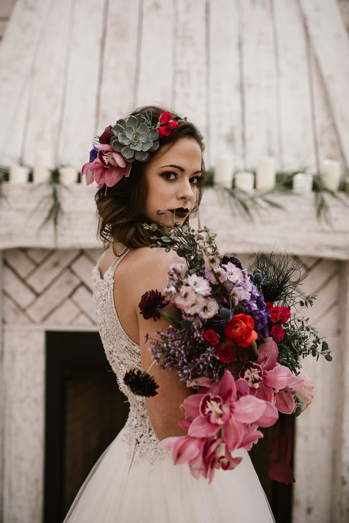 Princess Wedding Dress in Moody Styled Shoot With Jewel-toned Florals