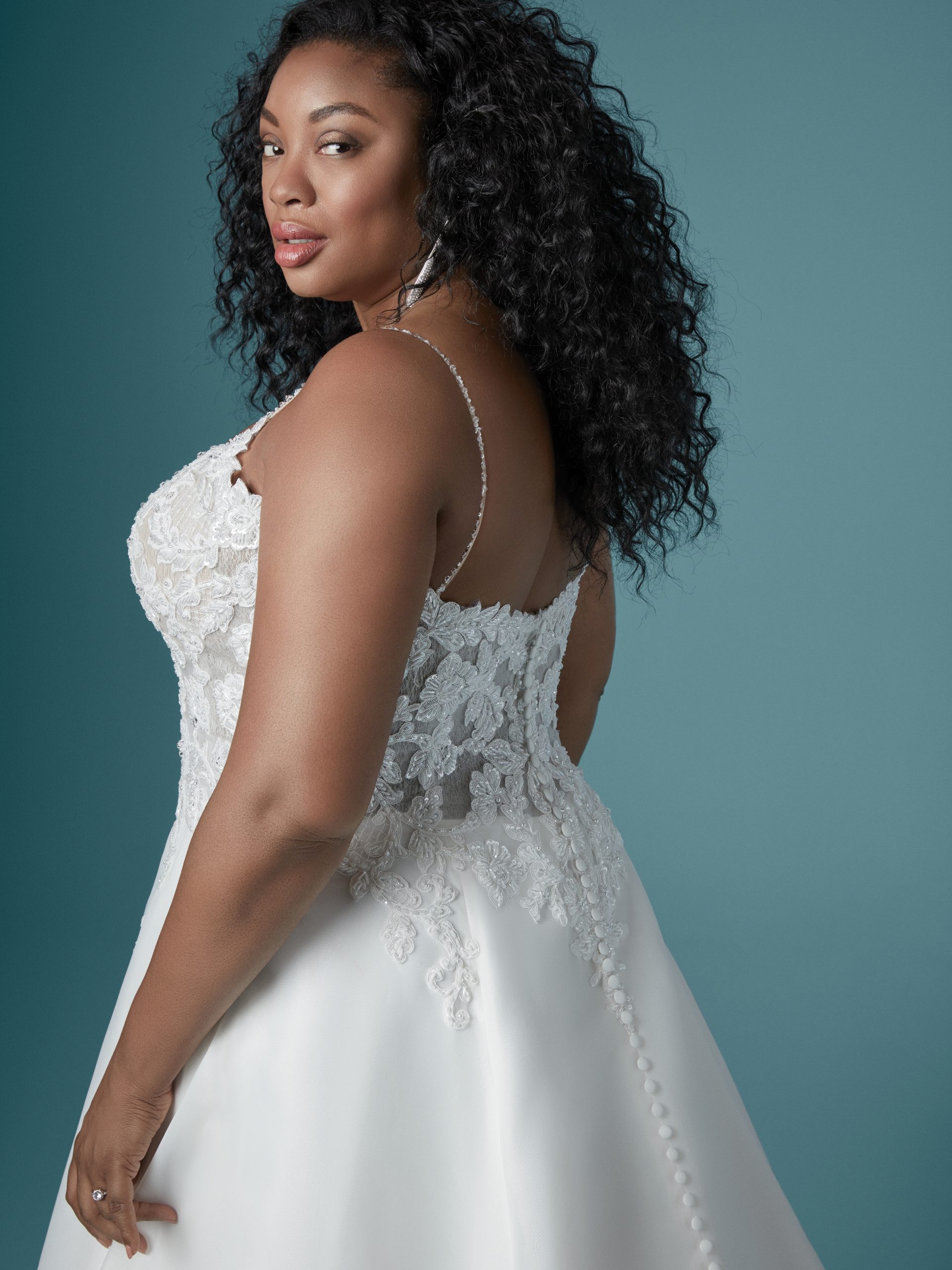 Model Wearing Plus Size A-line Wedding Dress Called Savannah by Maggie Sottero