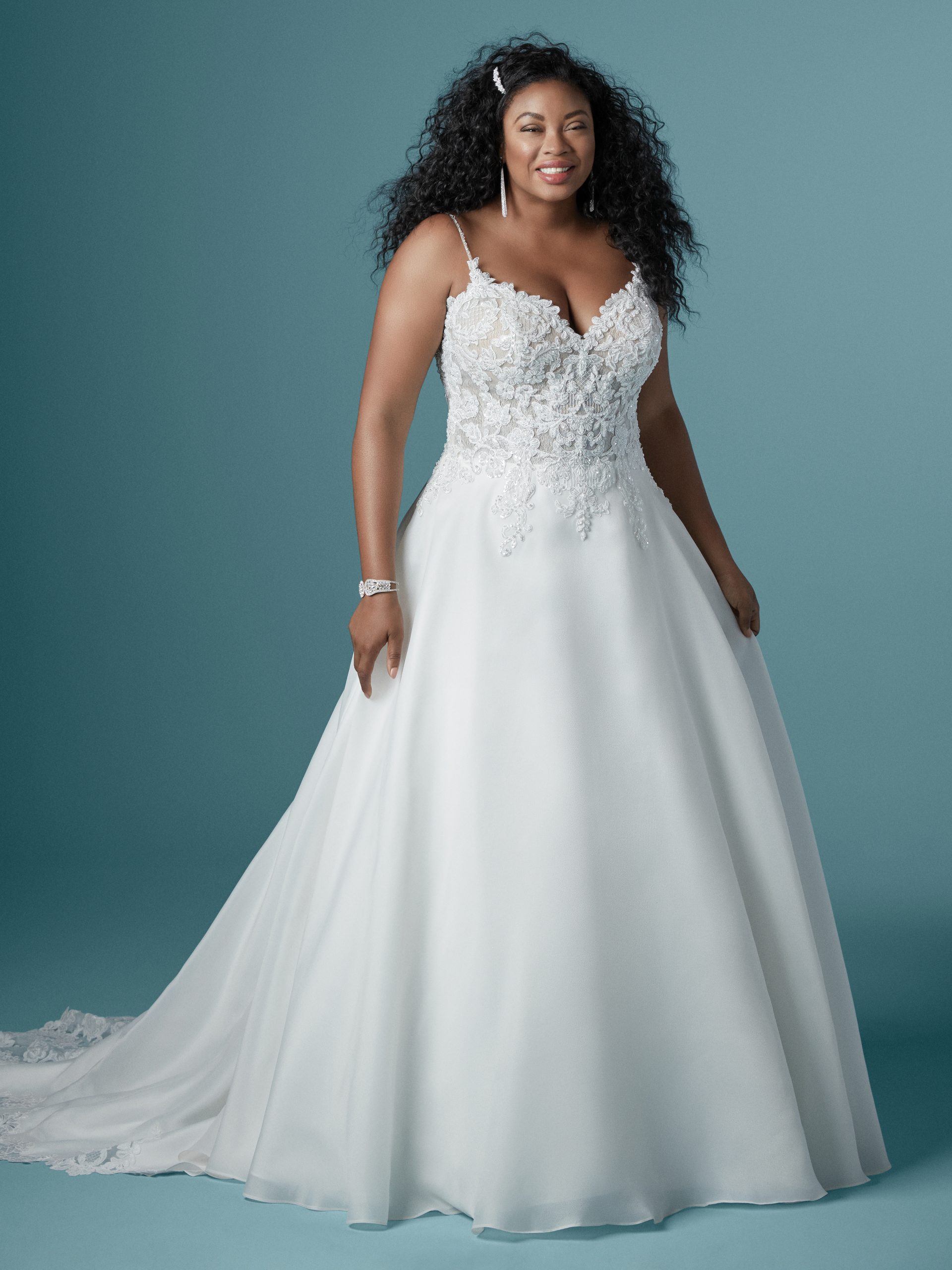 Model Wearing Plus Size A-line Wedding Dress Called Savannah by Maggie Sottero