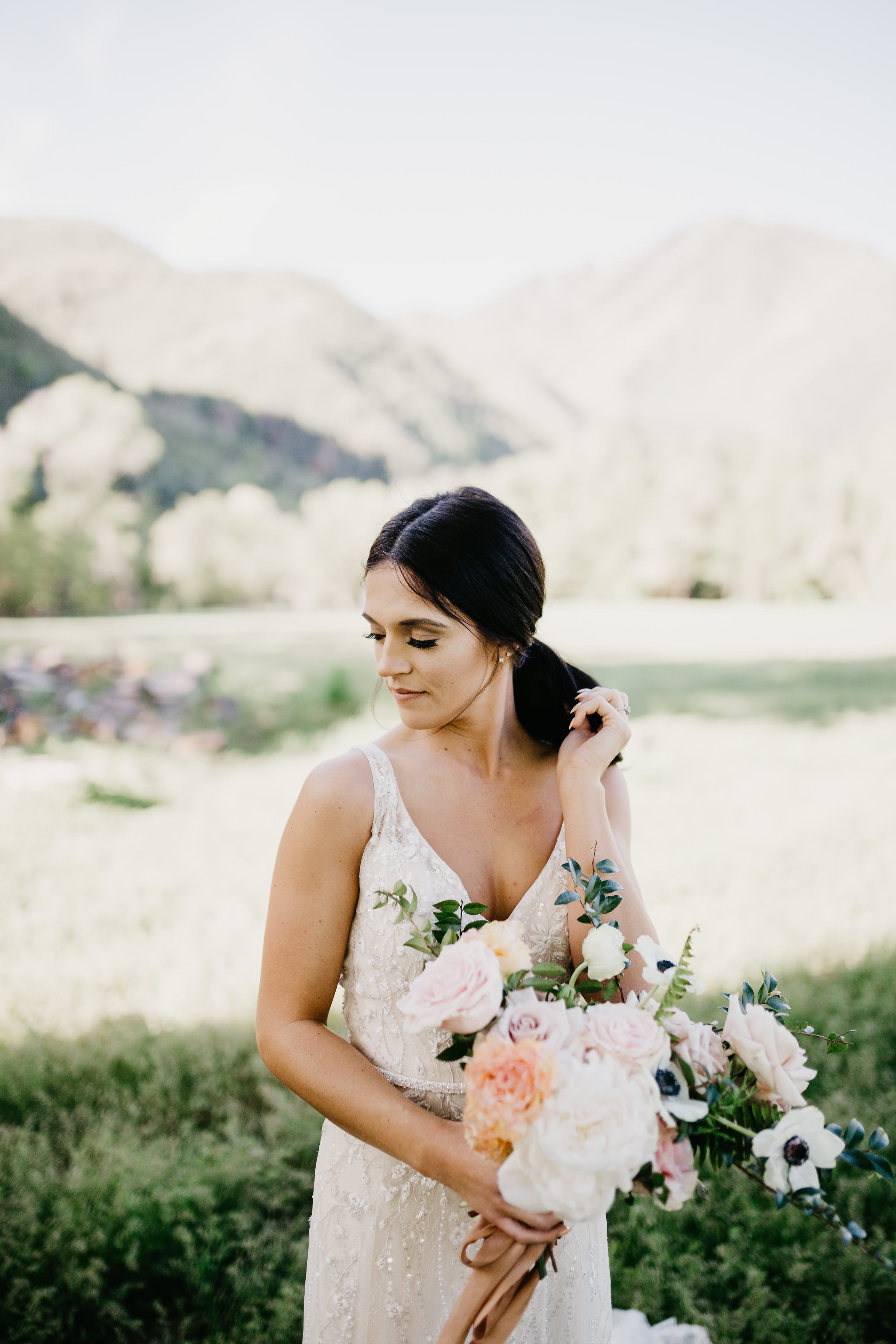 Maggie Sottero's Jorie wedding dress featuring in an Earthy and Romantic Styled Shoot with Breathtaking Florals in Outdoor Wedding