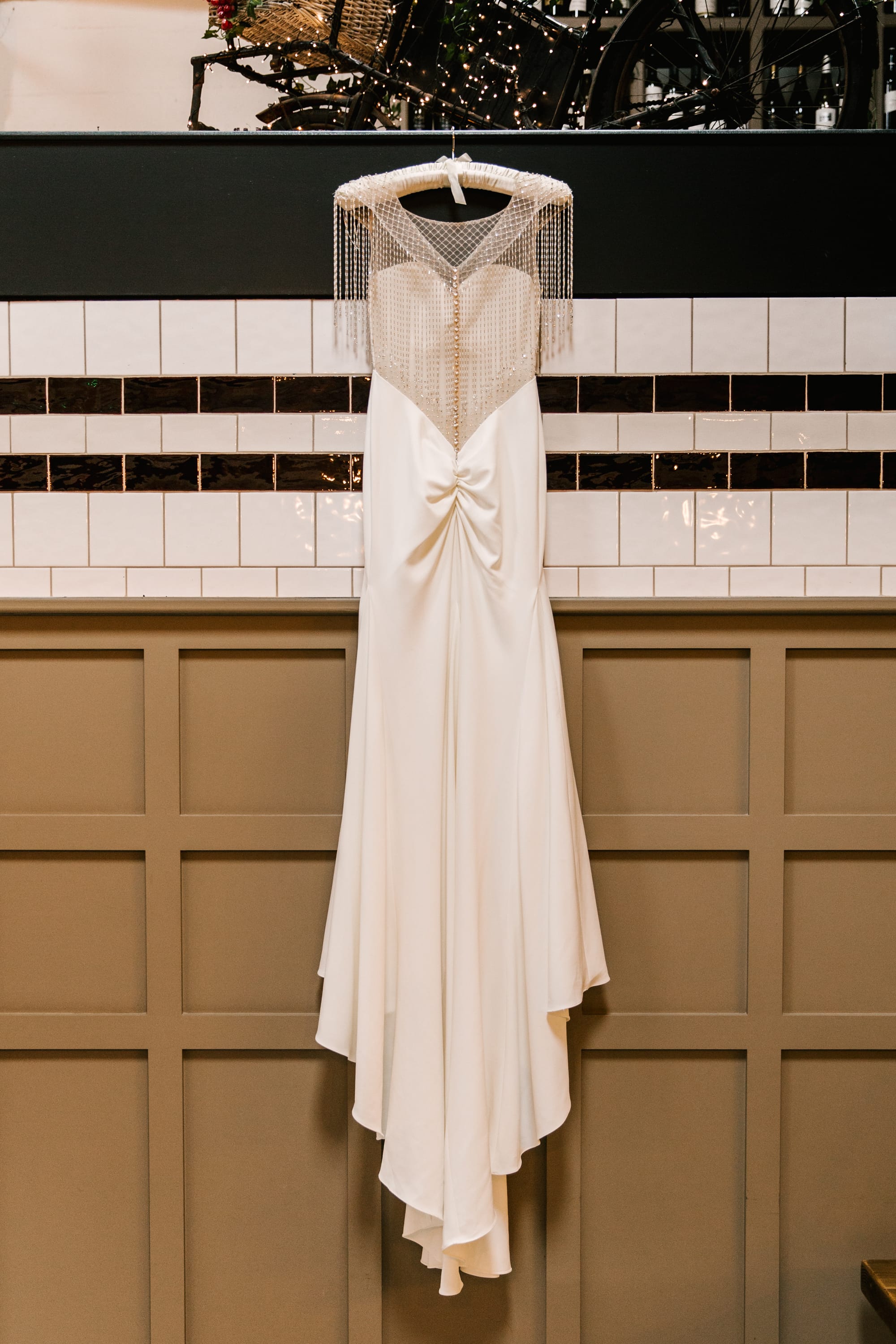Crepe Gown With Metallic Fringe For An Updated Vintage Wedding Look. Liam by Sottero and Midgley.