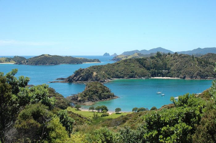 Aerial View of Crystal Blue Water and Lush Islands at Bay of Islands, New Zealand