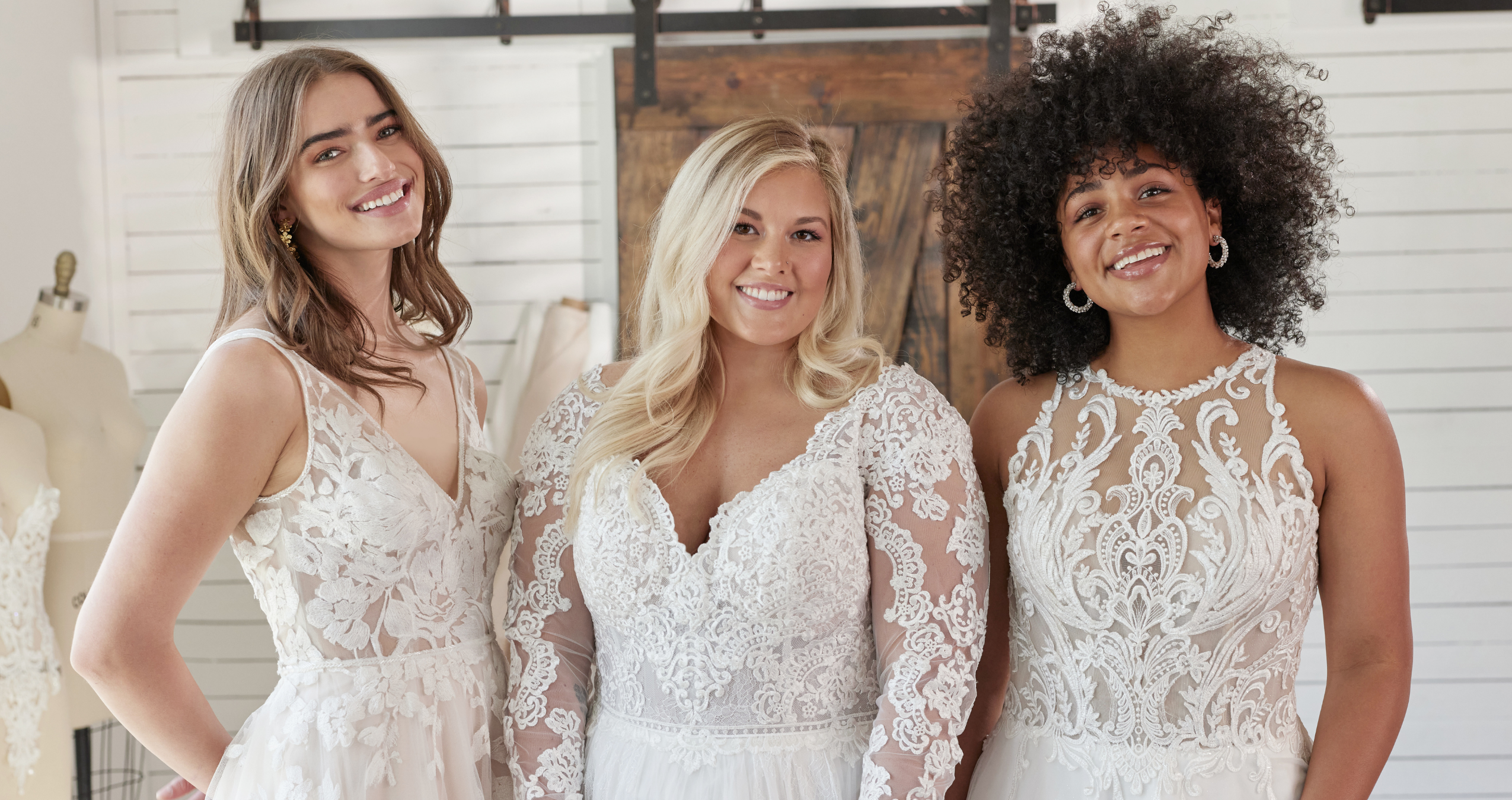 10 Wedding Dress Shopping Tips Header Image With Three Brides Wearing Maggie Sottero Wedding Gowns