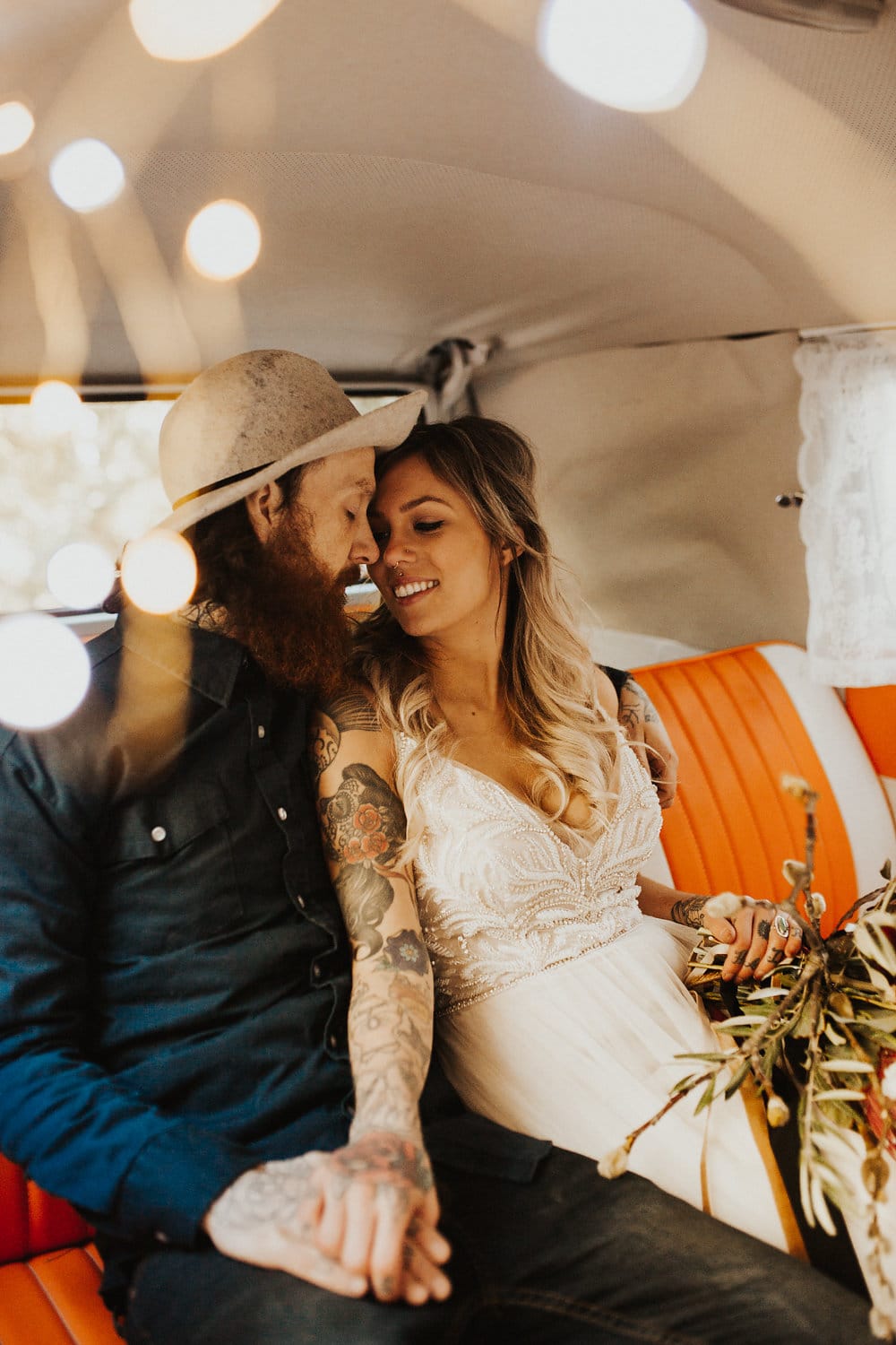 Rock ‘N’ Roll Styled Shoot Featuring Beaded Lace Gown and Camper Van. Charlene wedding dress by Maggie Sottero.