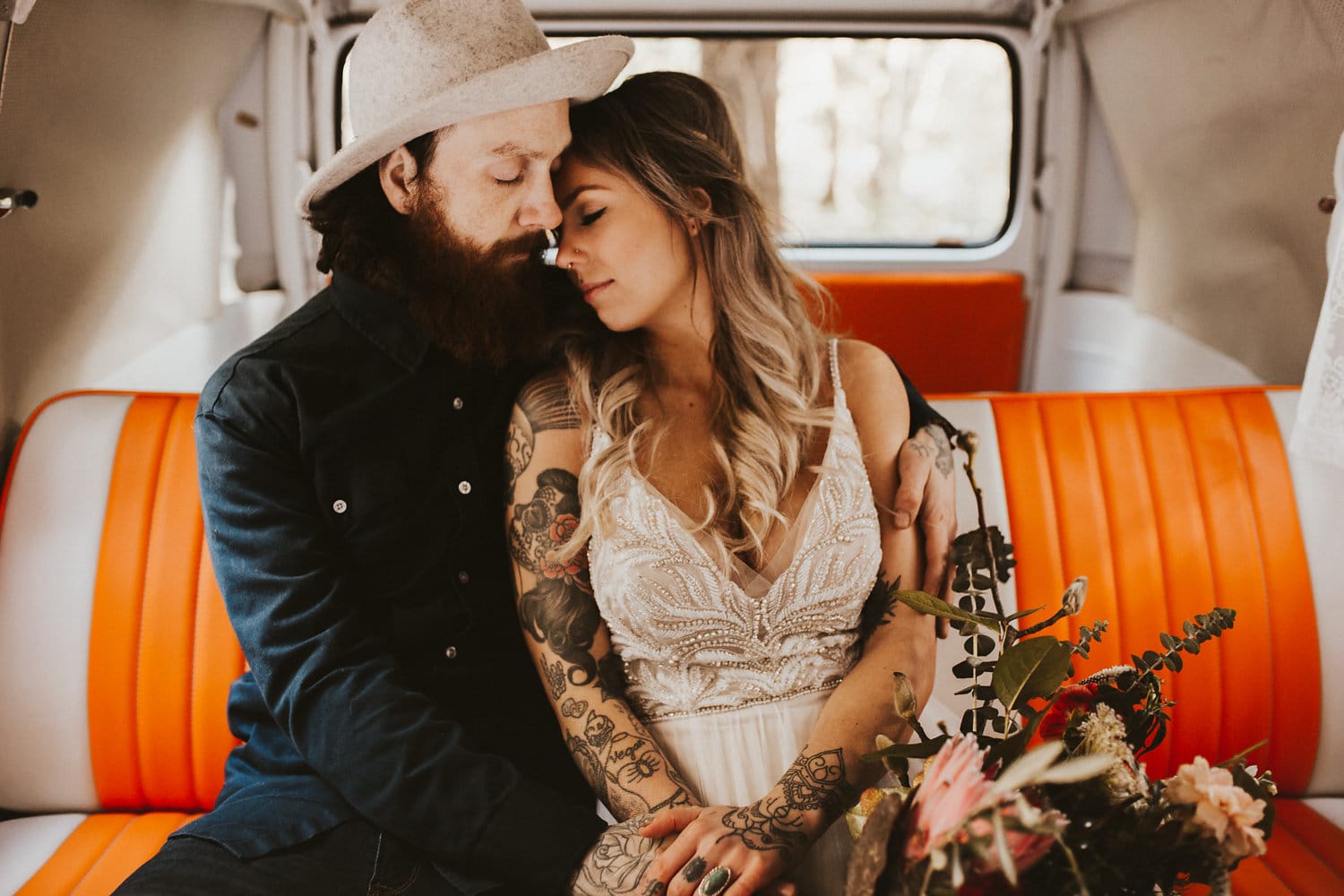 Rock ‘N’ Roll Styled Shoot Featuring Beaded Lace Gown and Camper Van. Charlene wedding dress by Maggie Sottero.