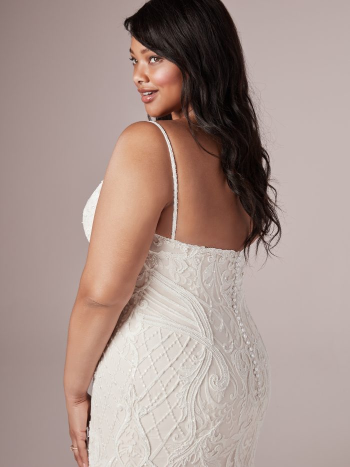 Model Wearing Plus Size Mermaid Wedding Gown Called Corrine by Rebecca Ingram
