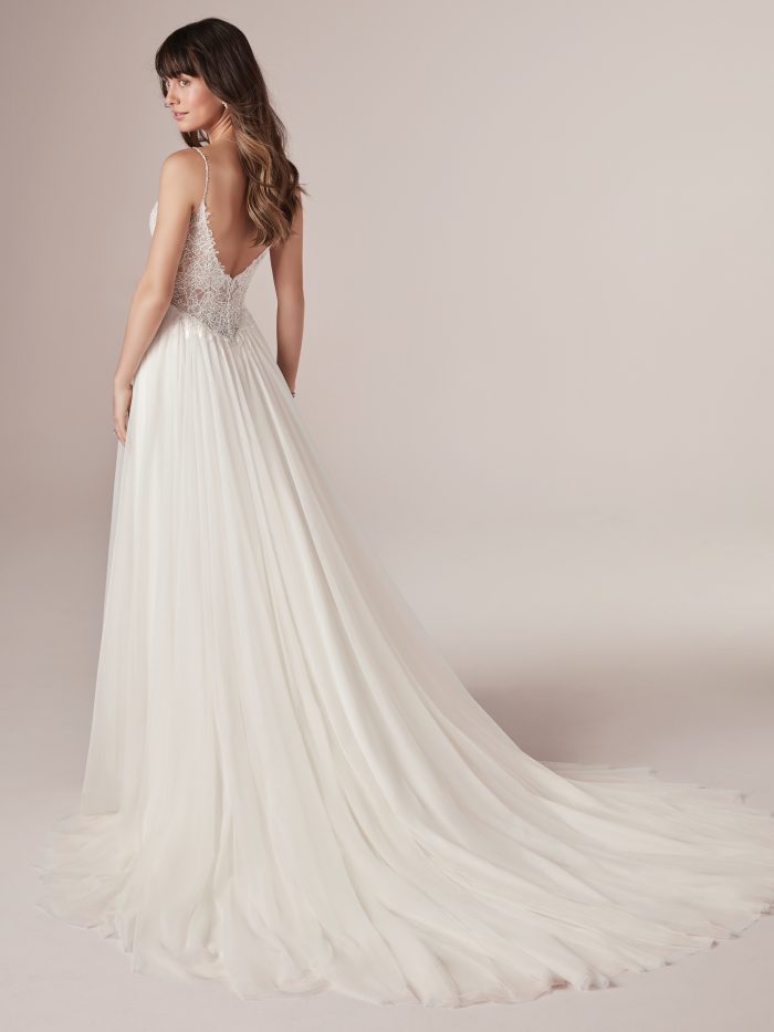 Model Wearing Affordable Boho Wedding Dress Called Greta by Rebecca Ingram