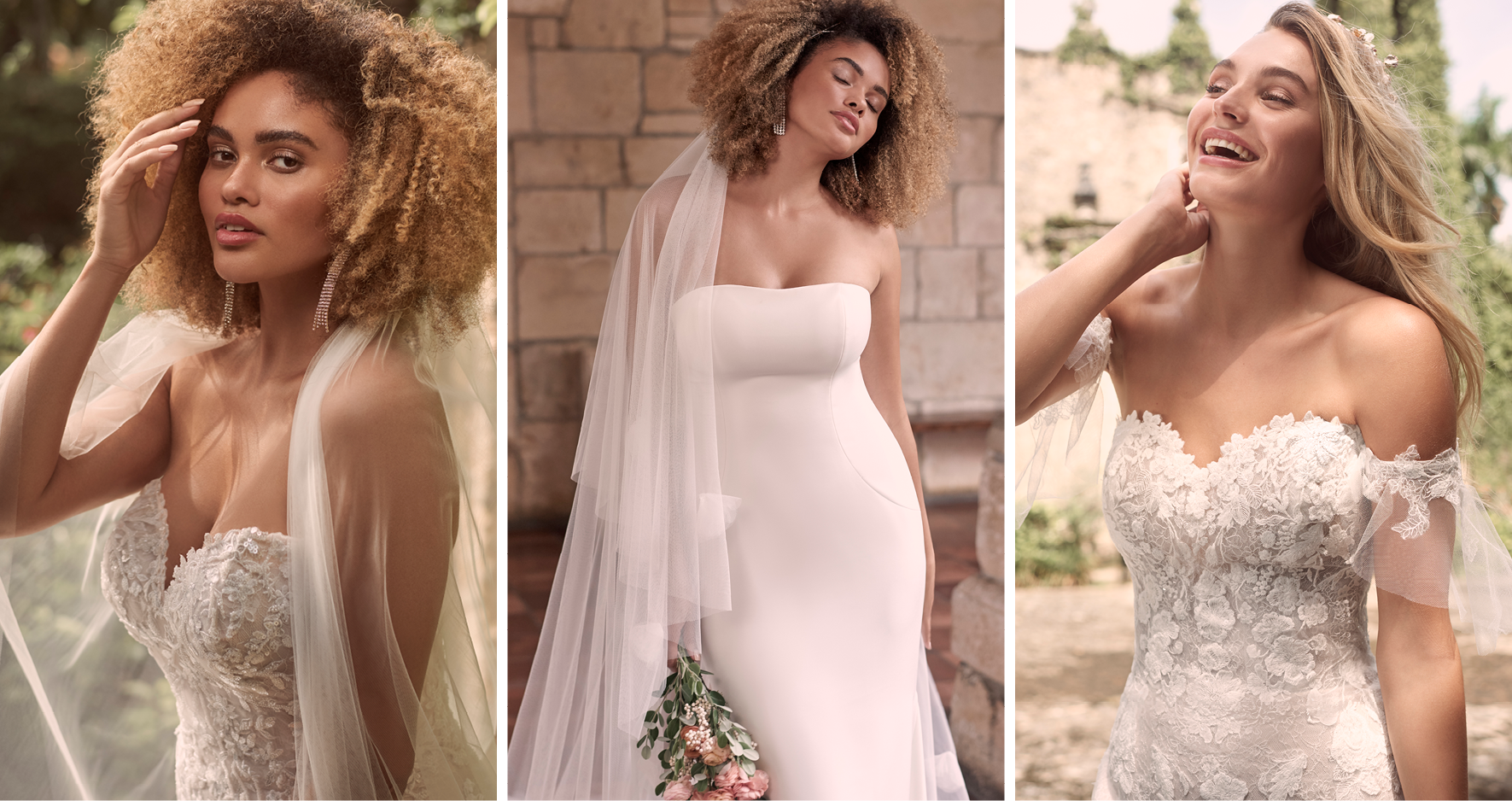 Collage of Brides Wearing Strapless Fit and Flare Wedding Dresses by Maggie Sottero