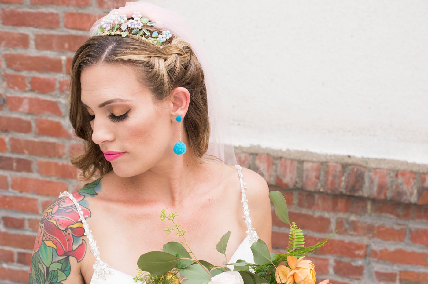 Punchy Citrus and Confetti-Themed Styled Shoot Featuring Blaire by Sottero & Midgley.