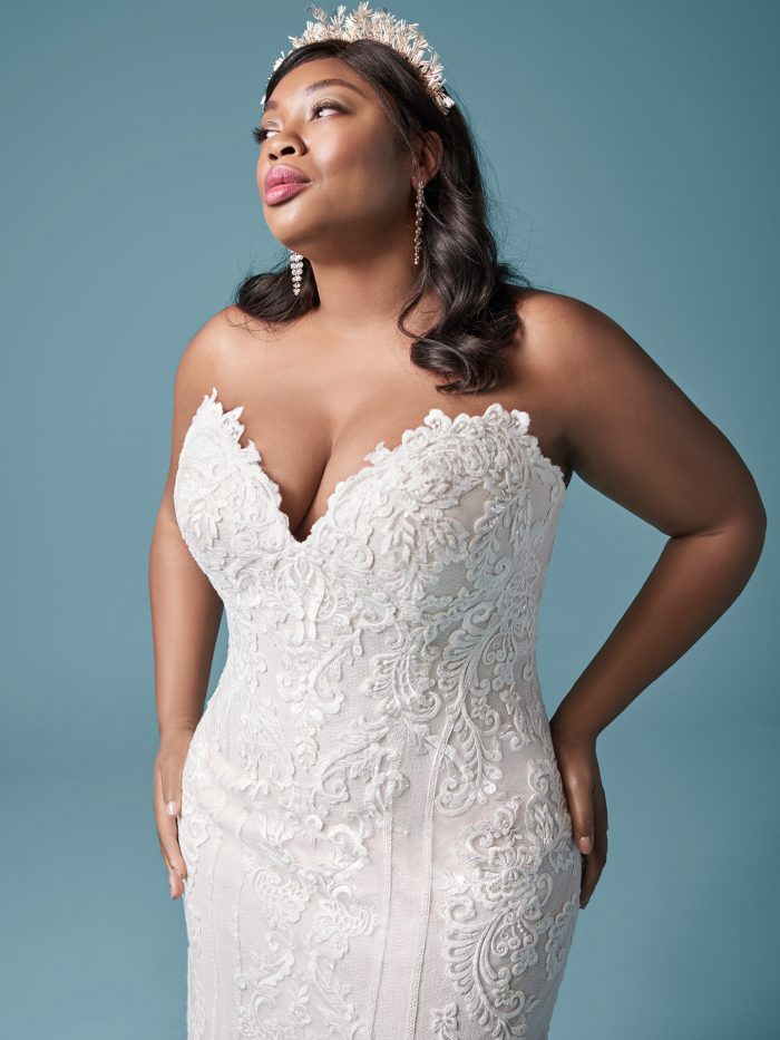 Curvy Model Wearing Strapless Plus Size Wedding Dress Called Erin Lynette Marie by Maggie Sottero