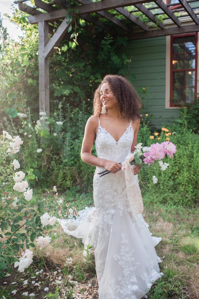 Black Bride Wearing Nature-inspired Mermaid Wedding Dress Called Giana by Maggie Sottero