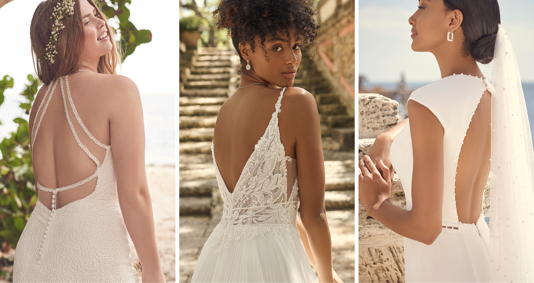 Three Brides Wearing Statement-Back Wedding Dresses by Maggie Sottero