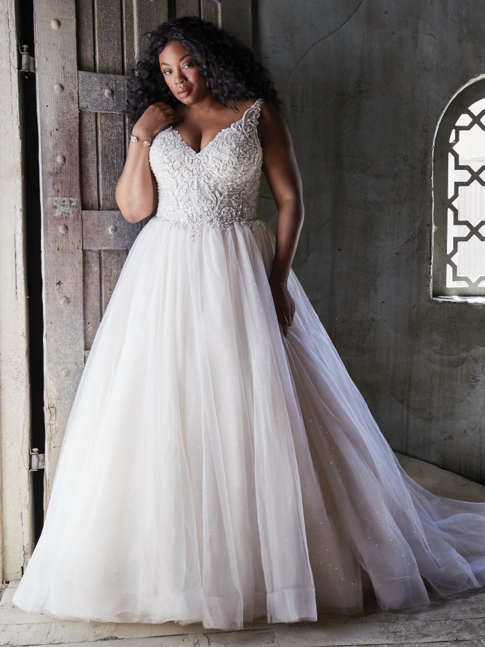 Model Wearing Plus Size Sparkly Wedding Gown Called Taylor Lynette by Maggie Sottero