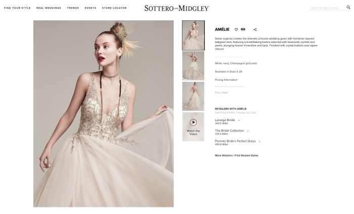 web page for Amelie by Sottero and Midgley
