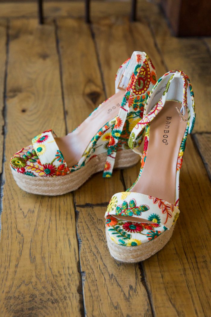 Colorful florals and white high heels