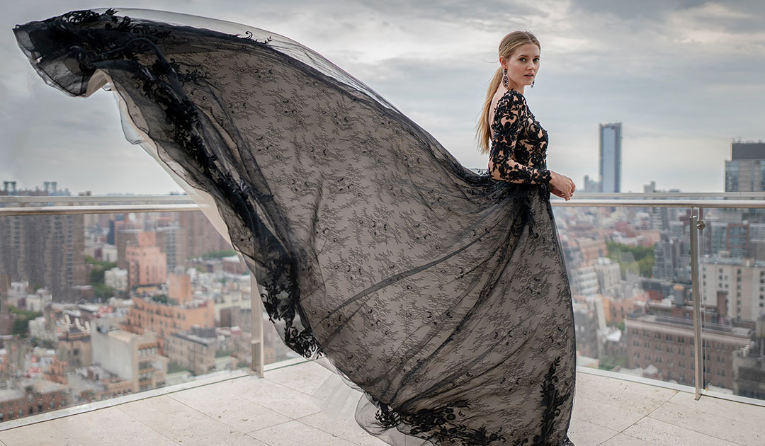 Zander Black Lace Aline Wedding Dress on the Rooftops