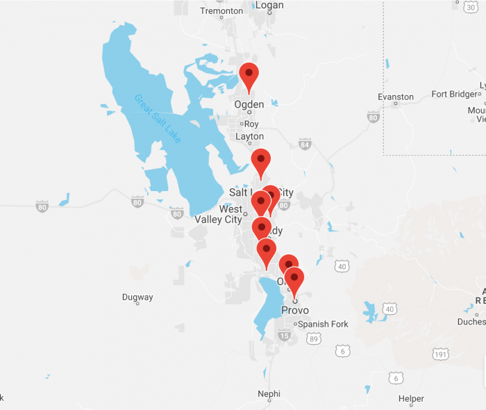 Map of the Salt Lake Valley showing wedding dress stores