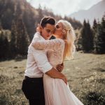 Groom with Real Bride Wearing Lace Wedding Dress by Maggie Sottero at Destination Elopement in Slovenia