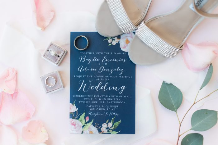 Blush and blue wedding invitations and other wedding decor