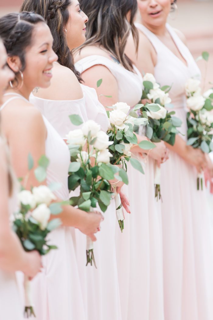 Simple sheath blush bridesmaids dresses