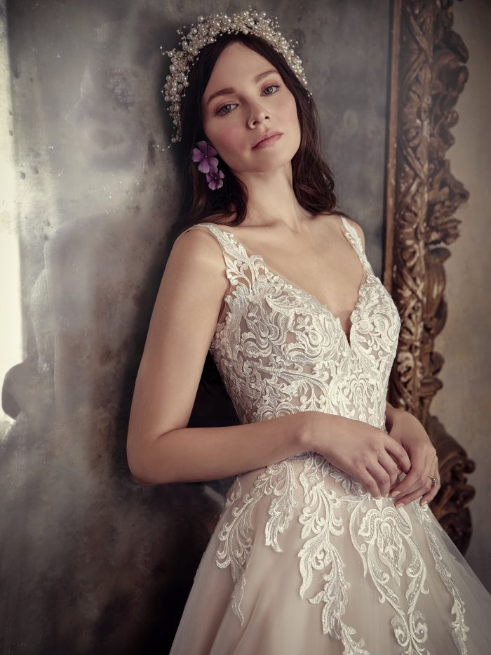 Trinity blush lace A-line wedding dress by Maggie Sottero