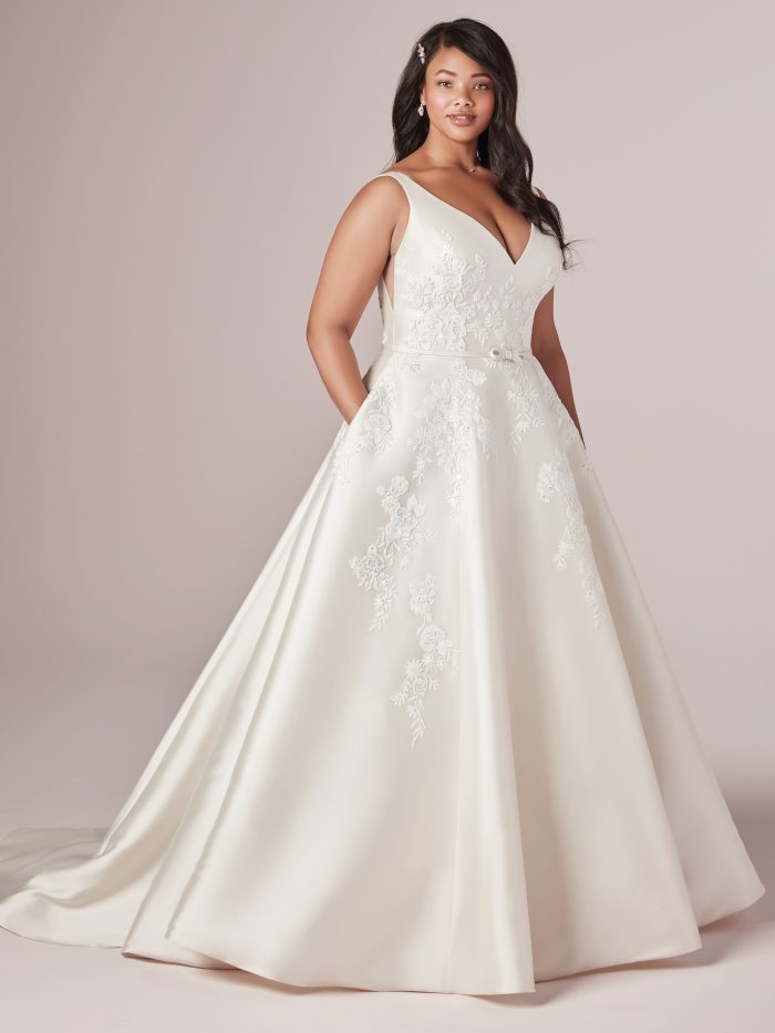 Latina Model Wearing Plus Size Satin Wedding Dress Called Valerie Lynette by Rebecca Ingram