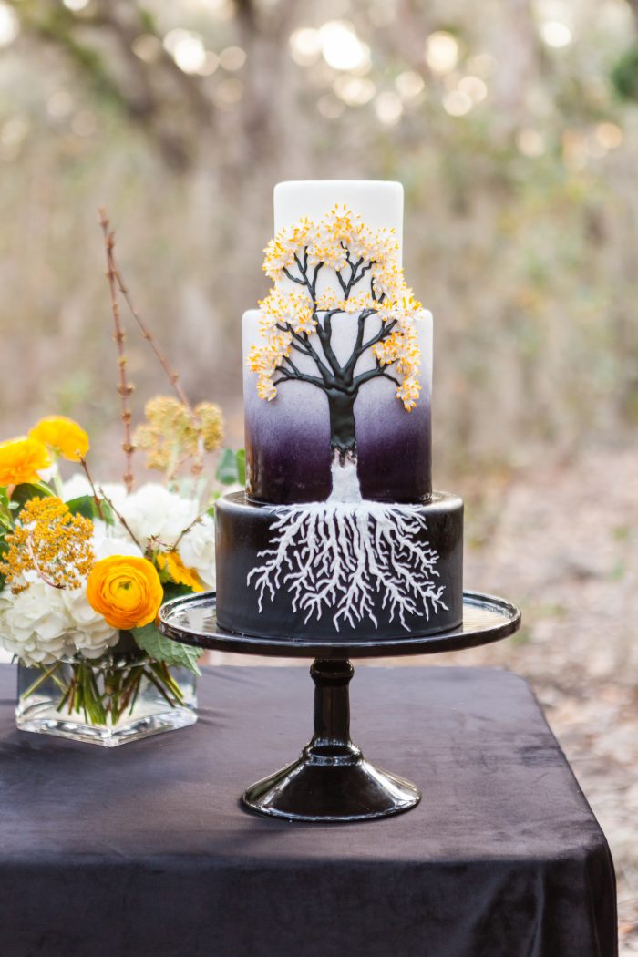 Unique Halloween Black and White Three Tier Wedding Cake with Dead Tree