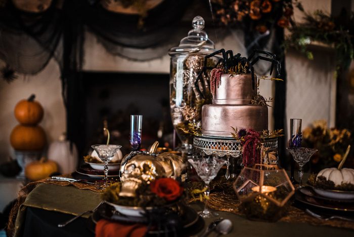 Metallic Halloween Wedding Cake on Table with Halloween Decor
