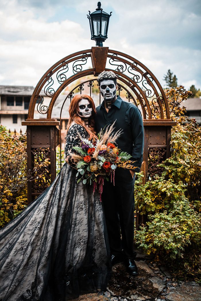 Real Bride Wearing Black Wedding Dress with Groom Wearing Black Wedding Attire