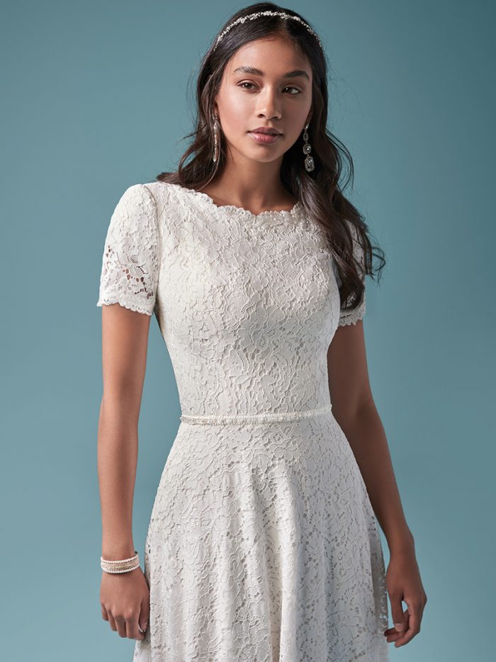Model Wearing Modest Lace A-line Wedding Dress Called Prescott by Maggie Sottero