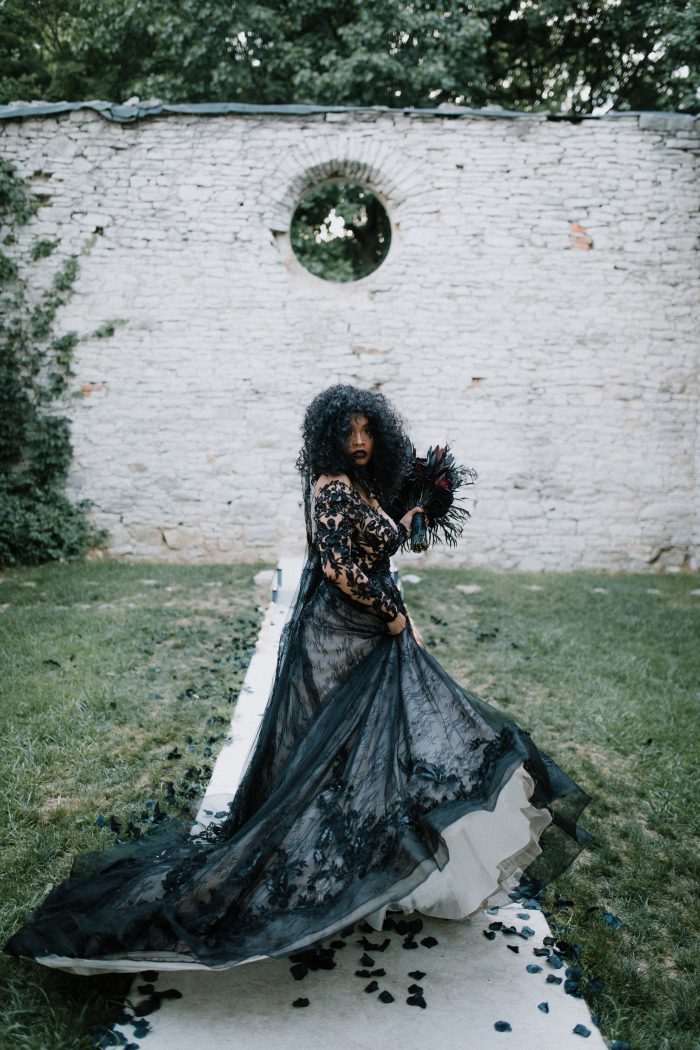Black Bride Wearing Gothic Ball Gown Wedding Dress Called Zander by Sottero and Midgley