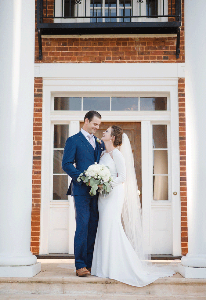 Groom with Real Bride Wearing Simple Wedding Gown Called Arleigh by Sottero and Midgley