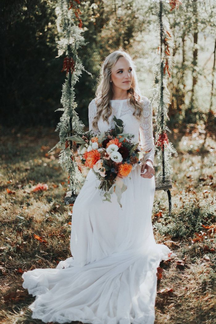 Real Bride on Swing Wearing Lace Chiffon Wedding Dress Called Deirdre by Maggie Sottero