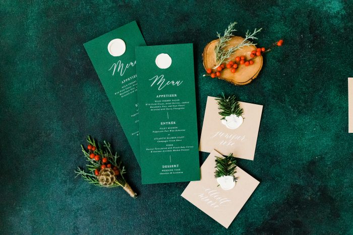 Deep Emerald Green Menu Cards for Holiday Wedding Theme
