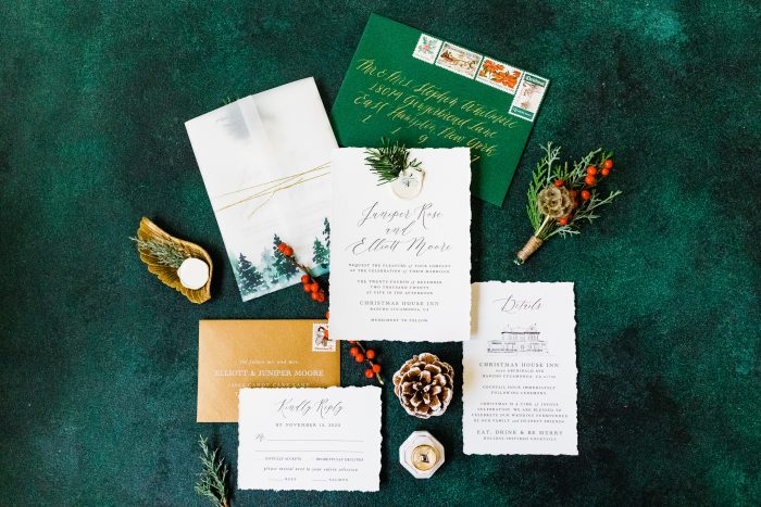 Emerald Green Wedding Invitations with Holly for Winter Wedding Palette