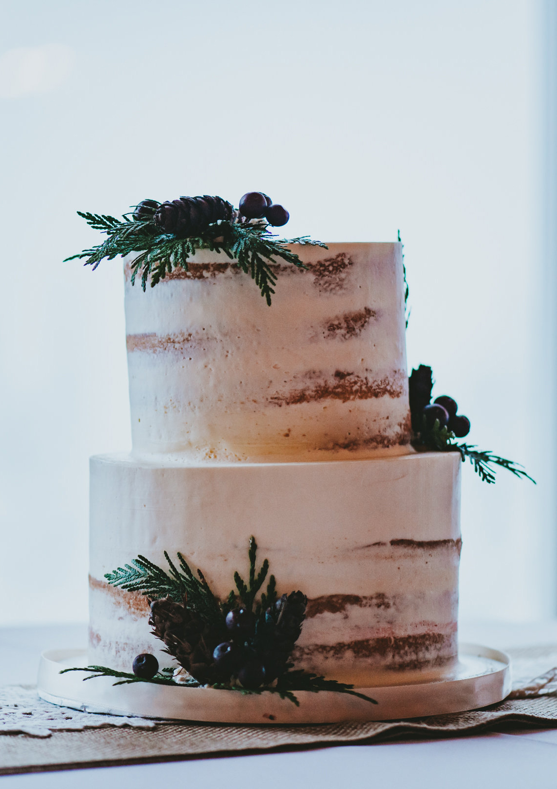Holiday Wedding Cake with Burgandy and Berries and Leaves
