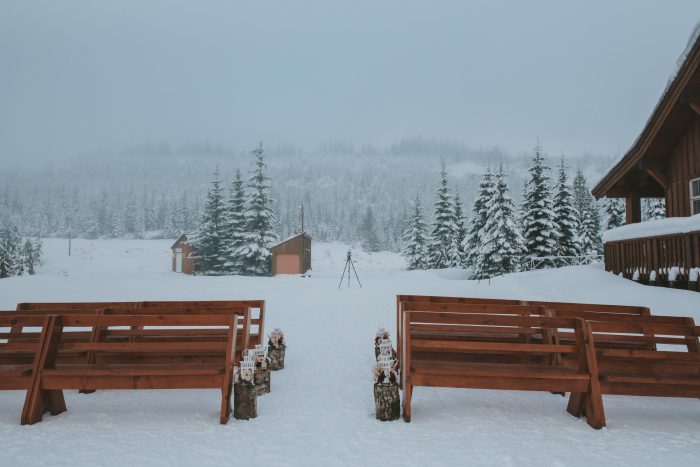 Outdoor Winter Wedding Venue with Wood Benches