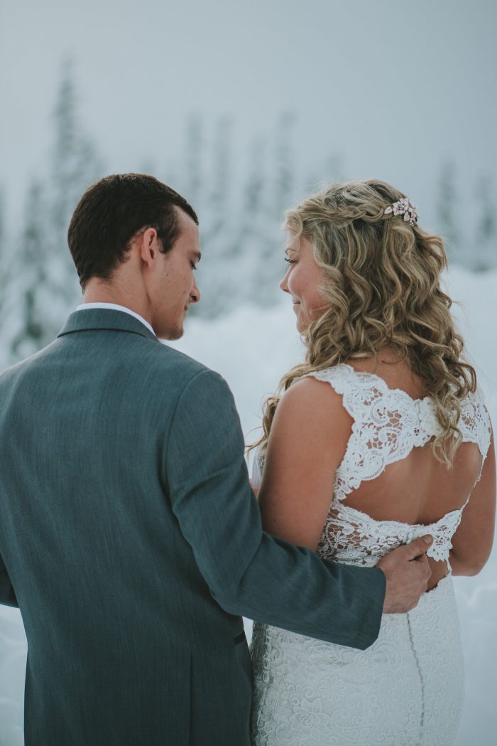 Groom with Real Bride at Winter Wedding Wearing Double Keyhole Back Wedding Dress Called Hope by Rebecca Ingram