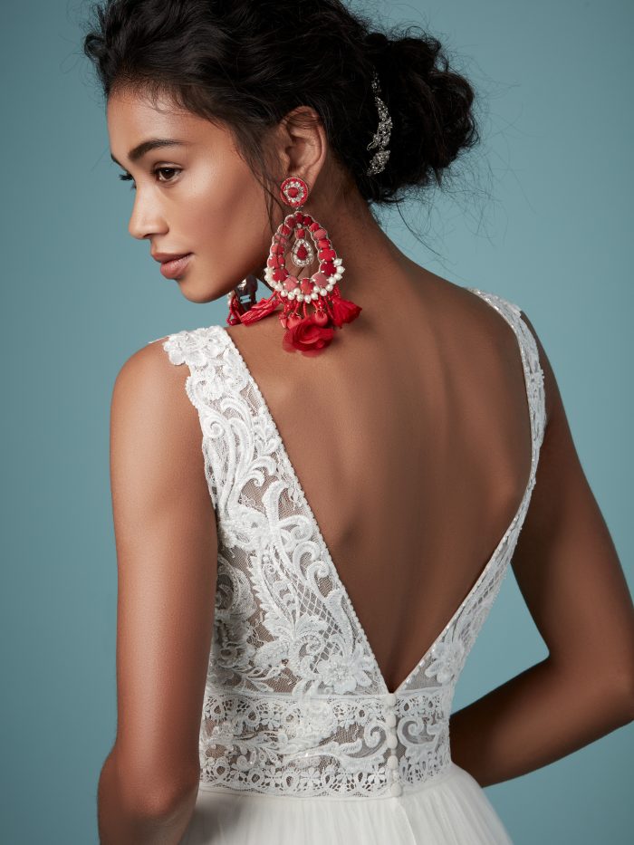 Model From Back Wearing Boho Wedding Dress Called Maureen by Maggie Sottero
