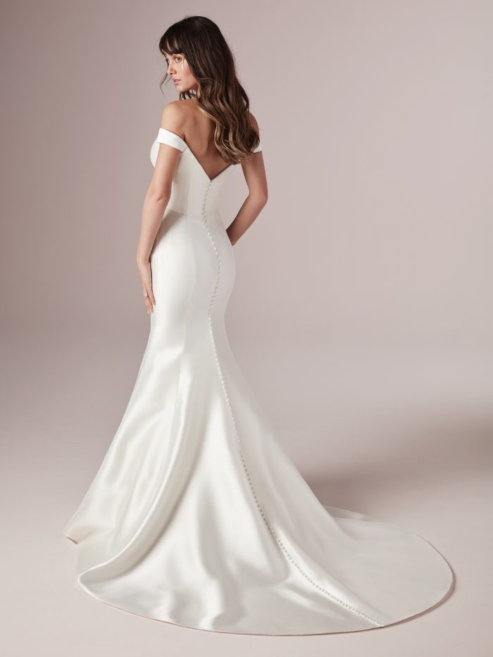 Model From Back Wearing Affordable Satin Mermaid Wedding Dress Called Cindy by Rebecca Ingram