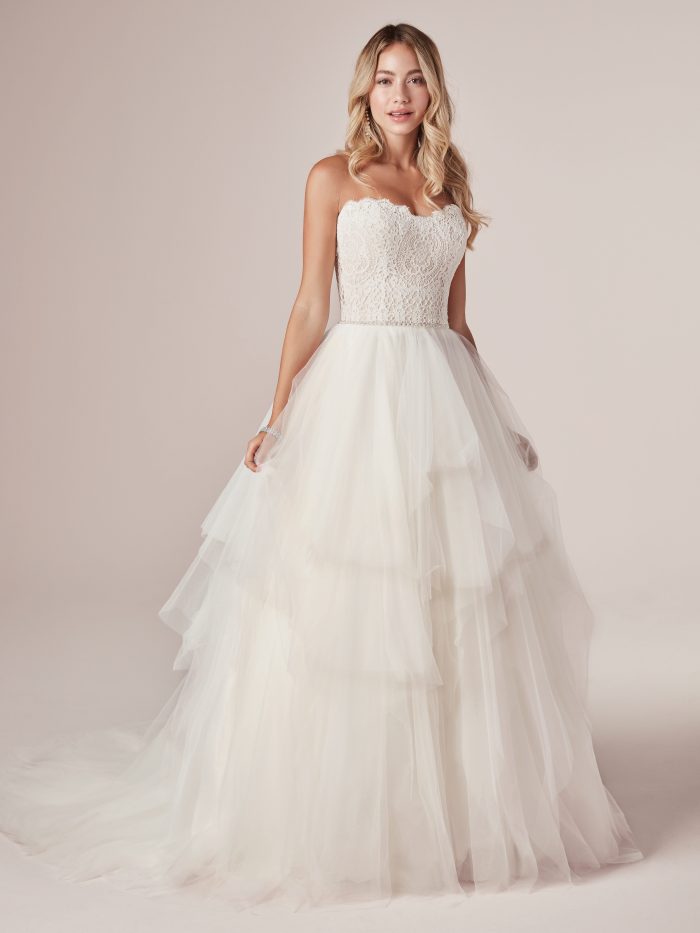 Front of Model Wearing Strapless Tulle Princess Wedding Gown Called Toni by Rebecca Ingram