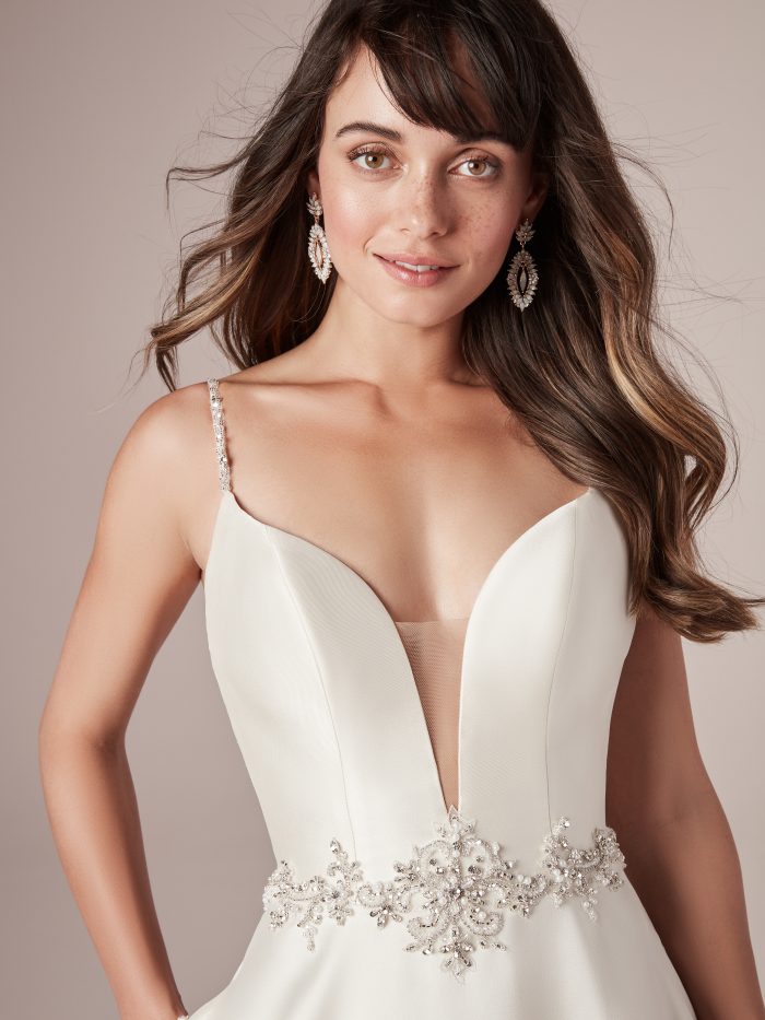 Model Wearing Yara Satin A-Line Wedding Dress by Rebecca Ingram