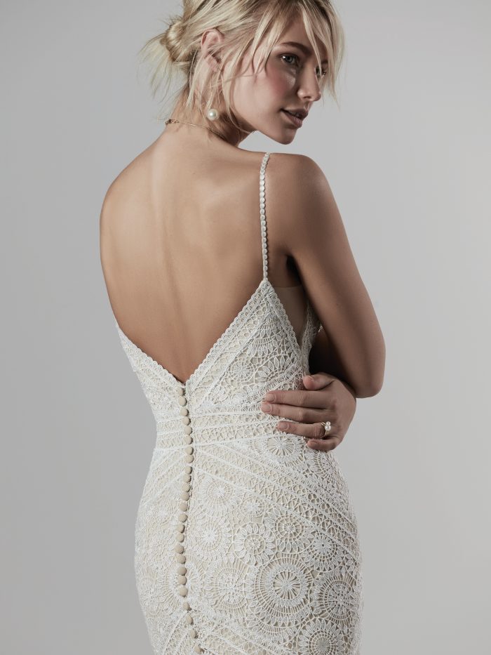 Model Wearing Geometric Lace Sheath Wedding Dress by Sottero and Midgley